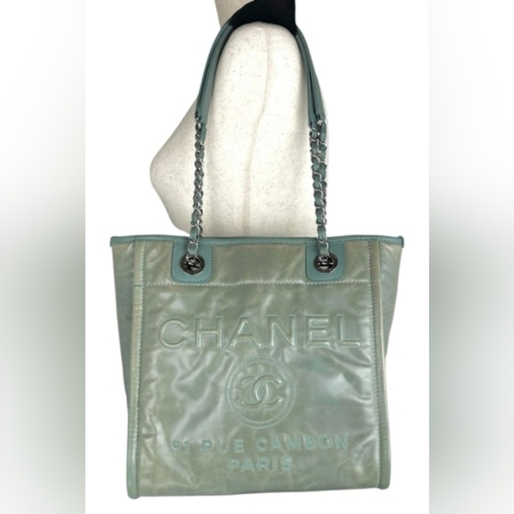 Chanel Logo Deauville Leather Tote Bag In Sage